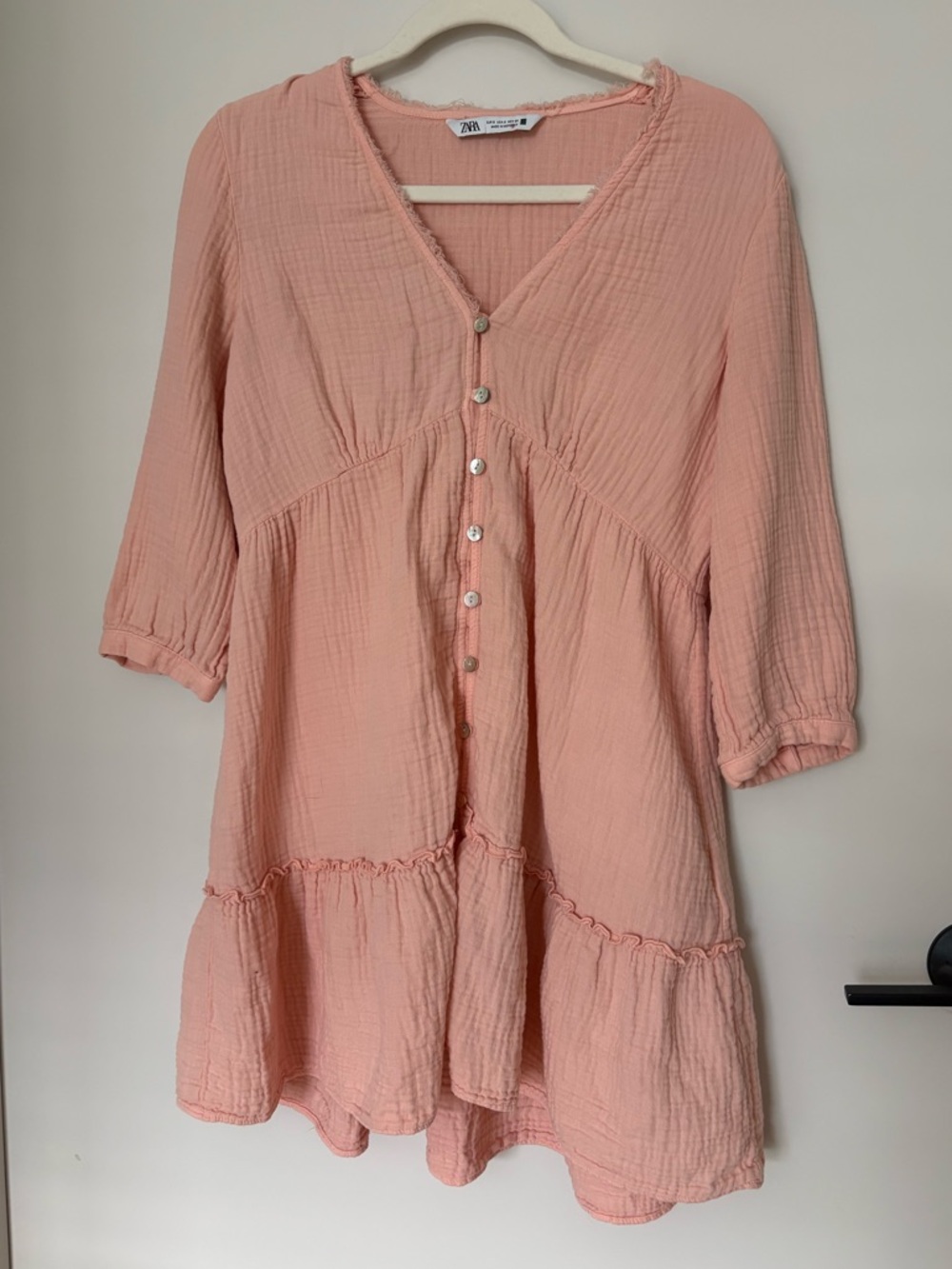 ZARA Linen Cotton Tiered Mini Romantic Feminine Babydoll Long Sleeve Pink Dress